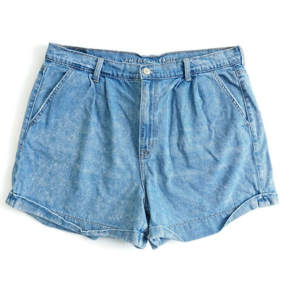 American Eagle Womens Mom Shorts Stretch Denim Blue Pleated Size 16